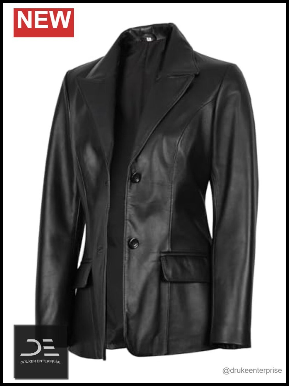 Real Lambskin Leather Blazer Notched Lapel 2 Button Workwear Jacket